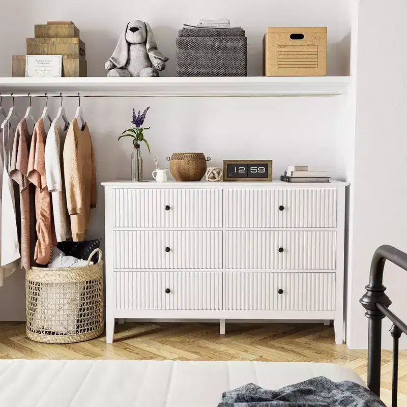 Cassettiera doppia a 6 cassetti con motivo a righe verticali, Bianco, MDF