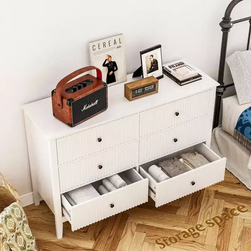 Cassettiera doppia a 6 cassetti con motivo a righe verticali, Bianco, MDF