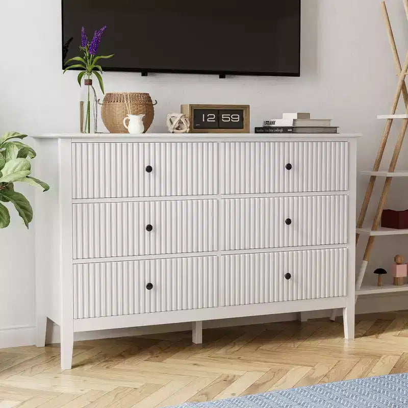 Cassettiera doppia a 6 cassetti con motivo a righe verticali, Bianco, MDF