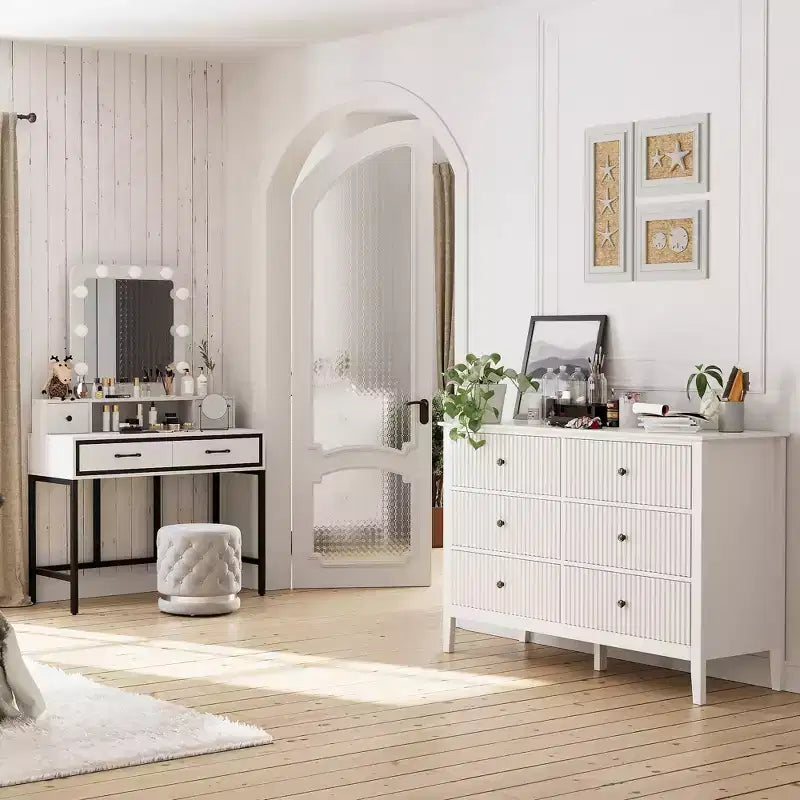 Cassettiera doppia a 6 cassetti con motivo a righe verticali, Bianco, MDF