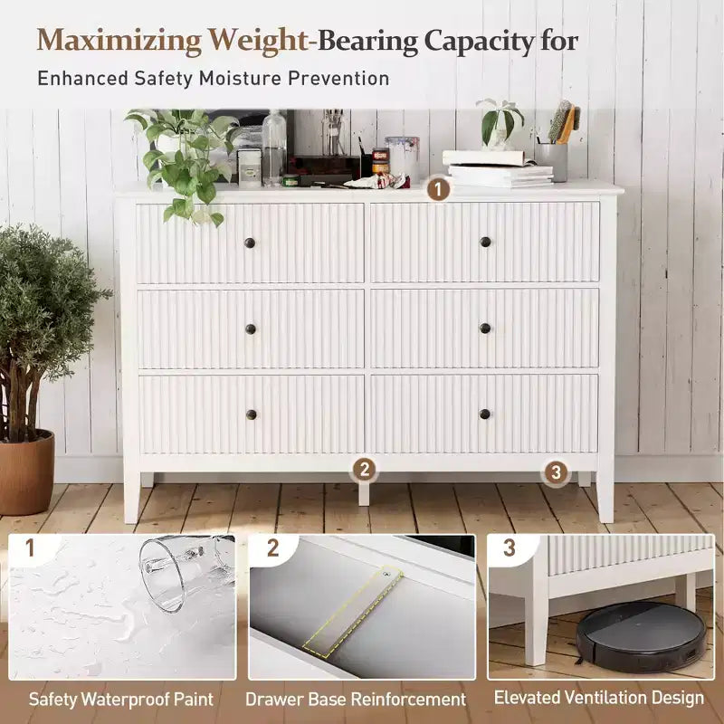 Cassettiera doppia a 6 cassetti con motivo a righe verticali, Bianco, MDF