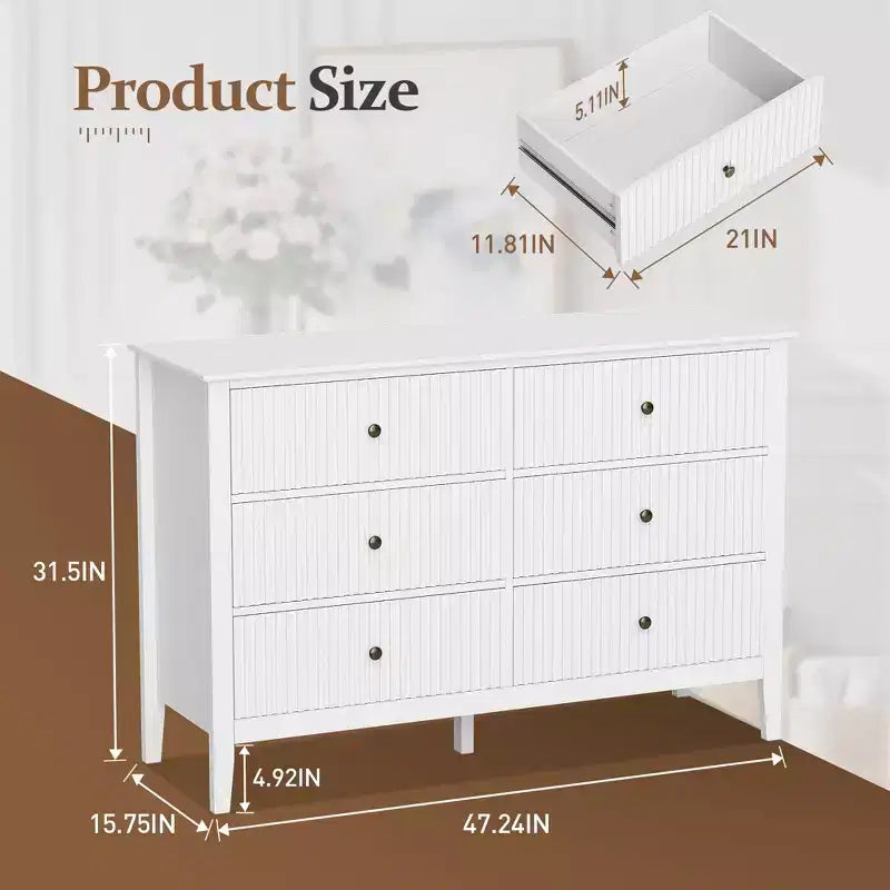 Cassettiera doppia a 6 cassetti con motivo a righe verticali, Bianco, MDF
