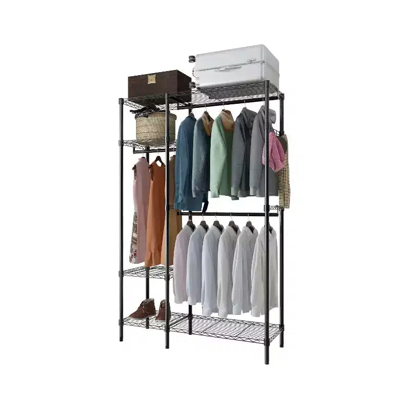 Guardaroba Aperto in Ferro Nero con 2 File di Binari e Scaffali a 4 Strati, 114 cm L x 42 cm P x 180 cm H