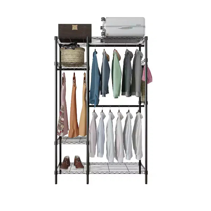Guardaroba Aperto in Ferro Nero con 2 File di Binari e Scaffali a 4 Strati, 114 cm L x 42 cm P x 180 cm H