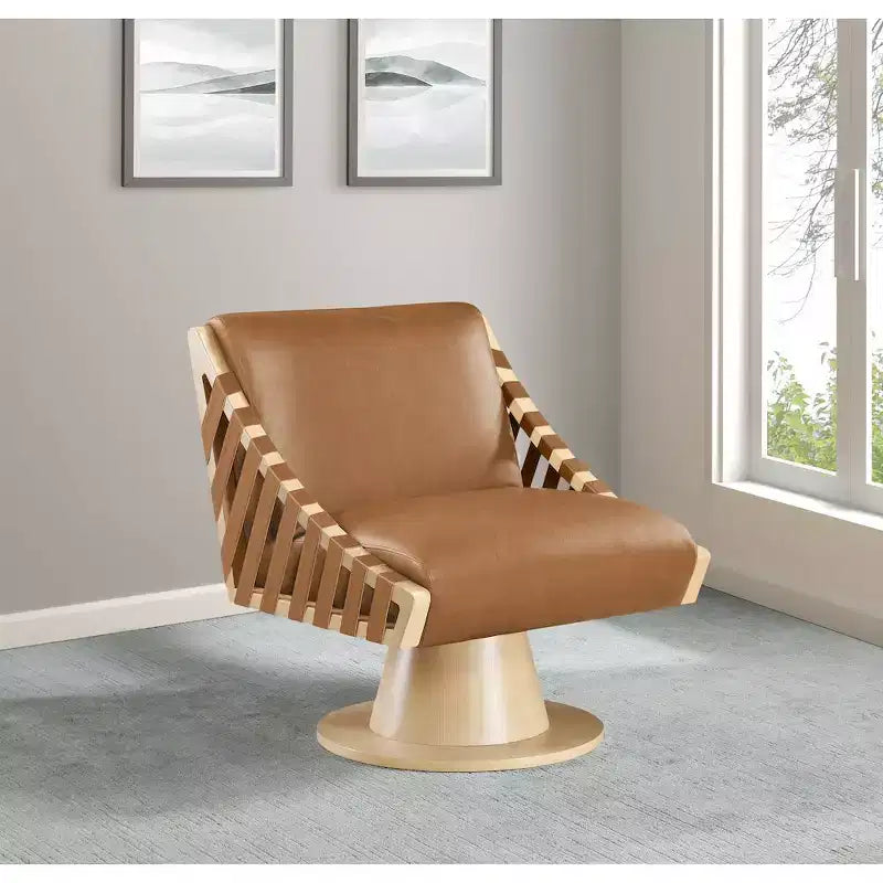 Poltrona girevole in pelle vegana con base in legno massello, stile Art Déco, nera