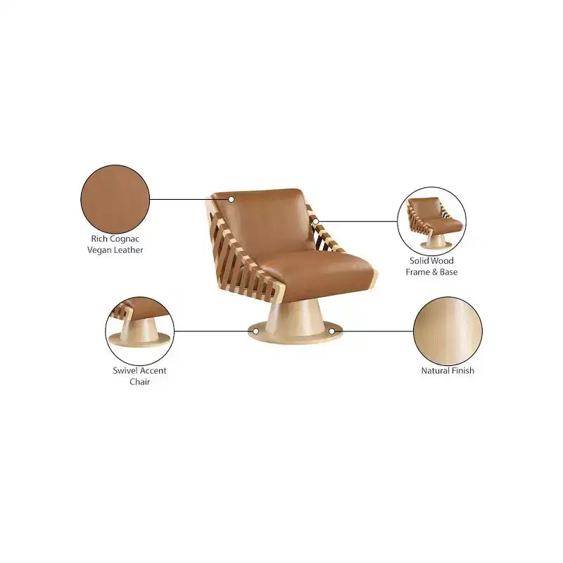 Poltrona girevole in pelle vegana con base in legno massello, stile Art Déco, nera