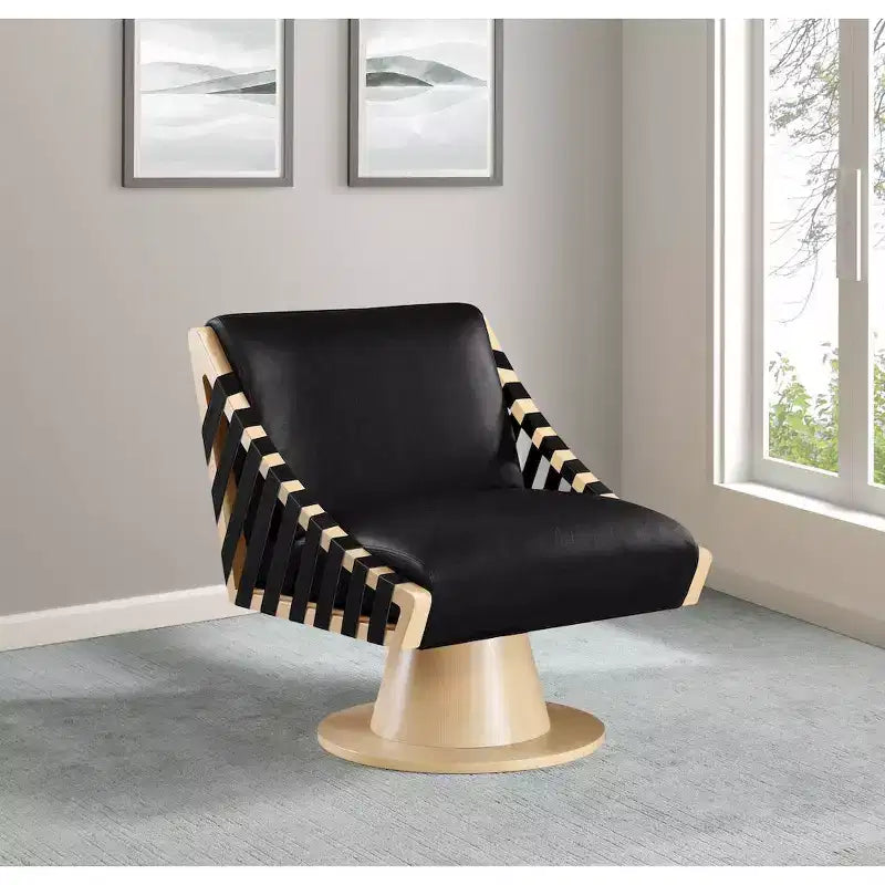 Poltrona girevole in pelle vegana con base in legno massello, stile Art Déco, nera