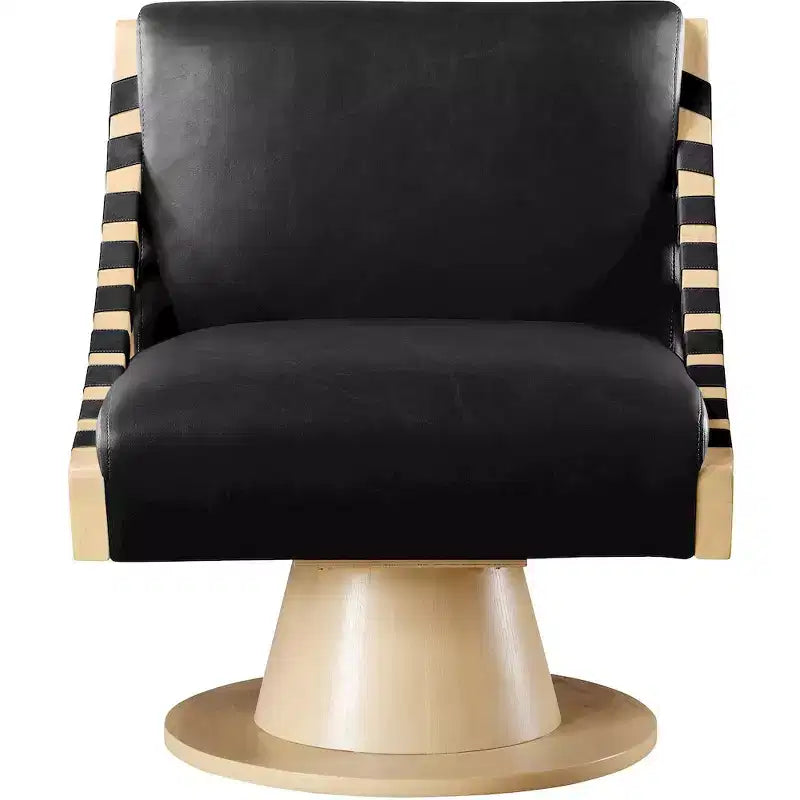 Poltrona girevole in pelle vegana con base in legno massello, stile Art Déco, nera