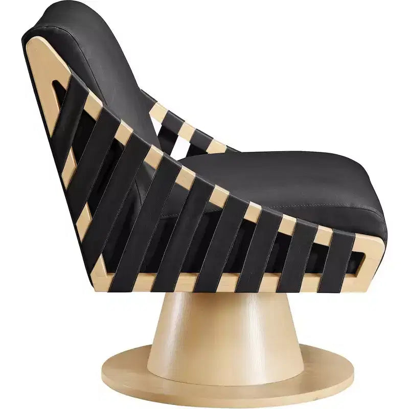 Poltrona girevole in pelle vegana con base in legno massello, stile Art Déco, nera