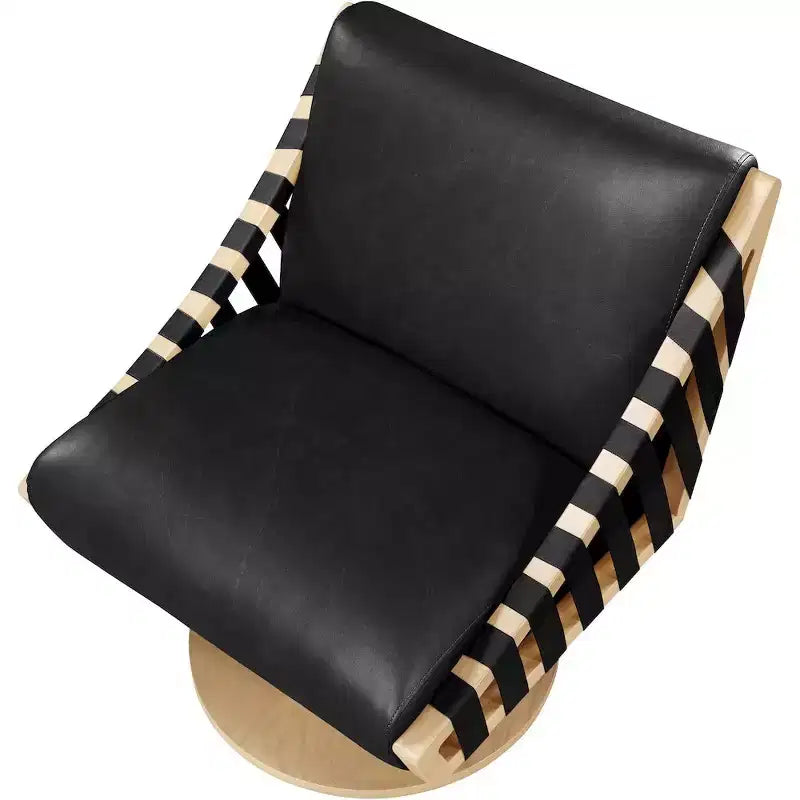 Poltrona girevole in pelle vegana con base in legno massello, stile Art Déco, nera