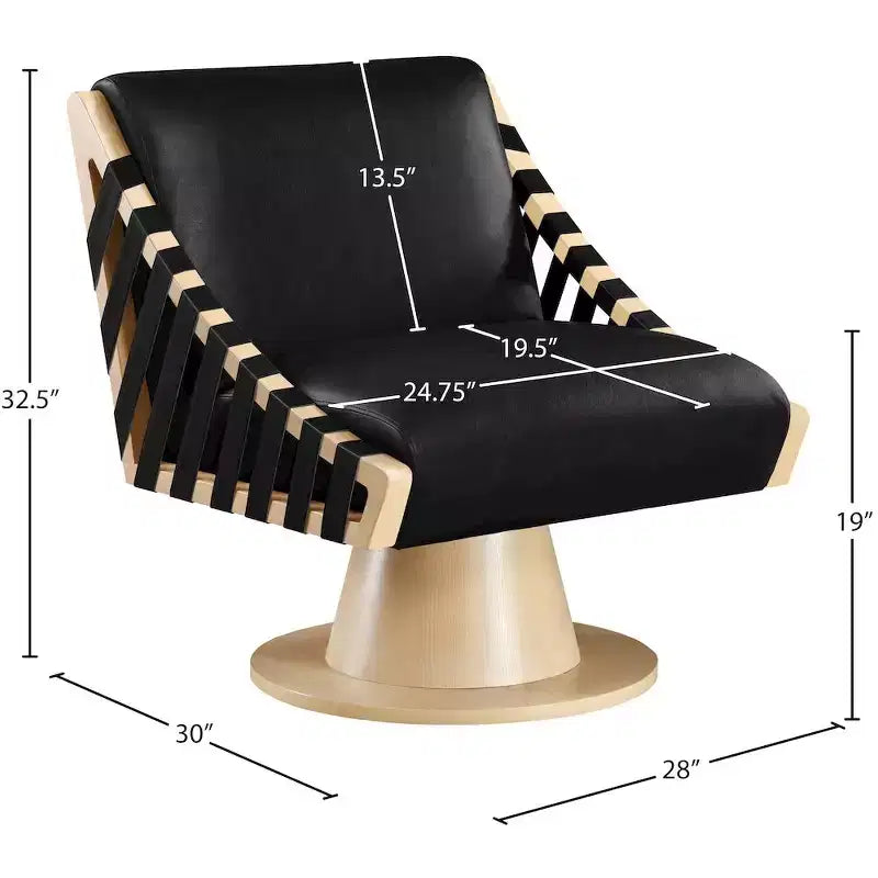 Poltrona girevole in pelle vegana con base in legno massello, stile Art Déco, nera