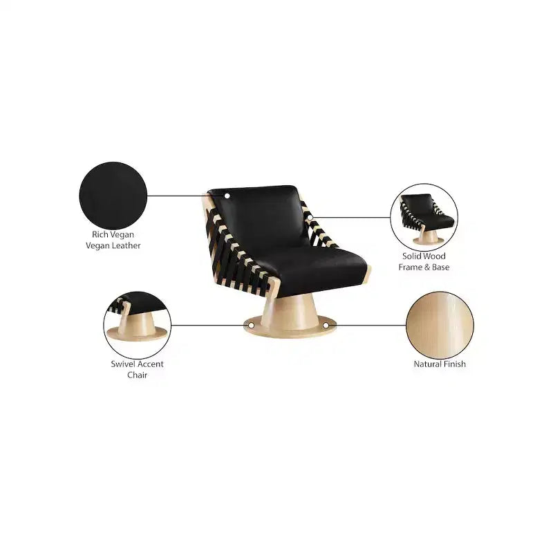 Poltrona girevole in pelle vegana con base in legno massello, stile Art Déco, nera