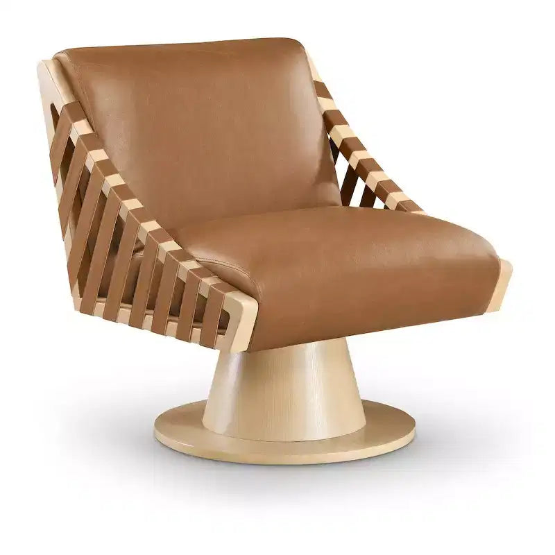 Poltrona girevole in pelle vegana con base in legno massello, stile Art Déco, nera