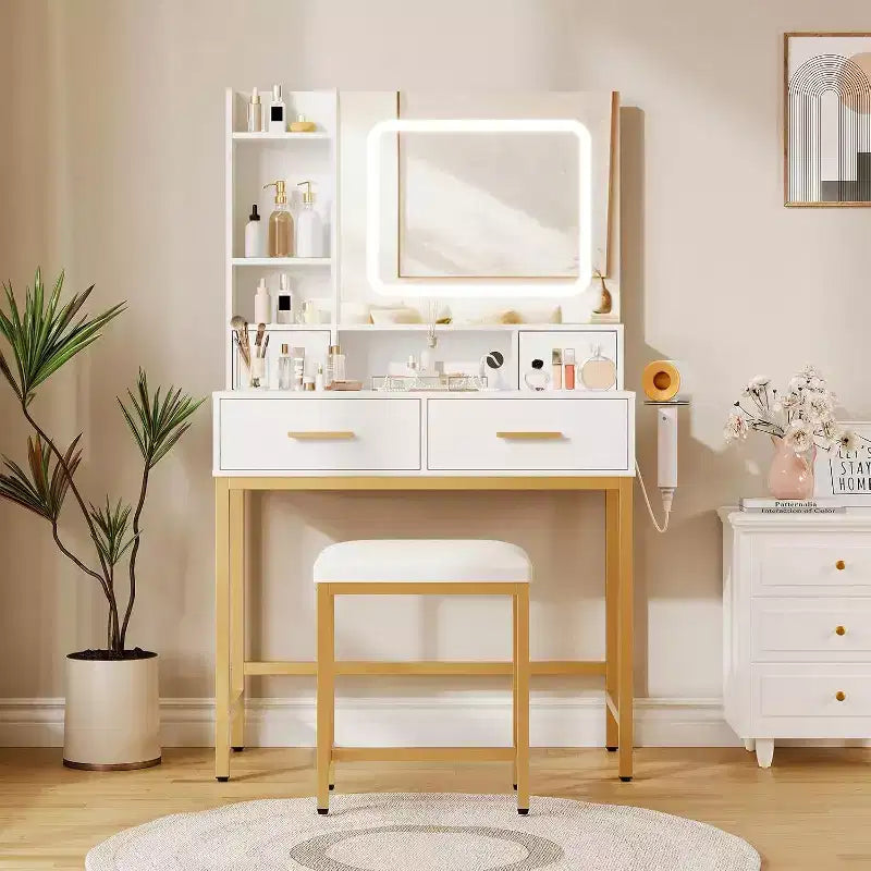 Toeletta con specchio, 3 modalità di illuminazione, 4 cassetti, mensole laterali, prese di corrente, bianco e oro, 53 pollici di larghezza