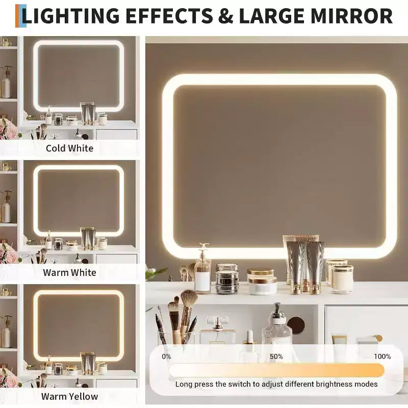 Toeletta con specchio, 3 modalità di illuminazione, 4 cassetti, mensole laterali, prese di corrente, bianco e oro, 53 pollici di larghezza