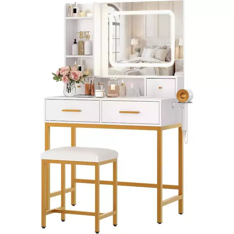 Toeletta con specchio, 3 modalità di illuminazione, 4 cassetti, mensole laterali, prese di corrente, bianco e oro, 53 pollici di larghezza