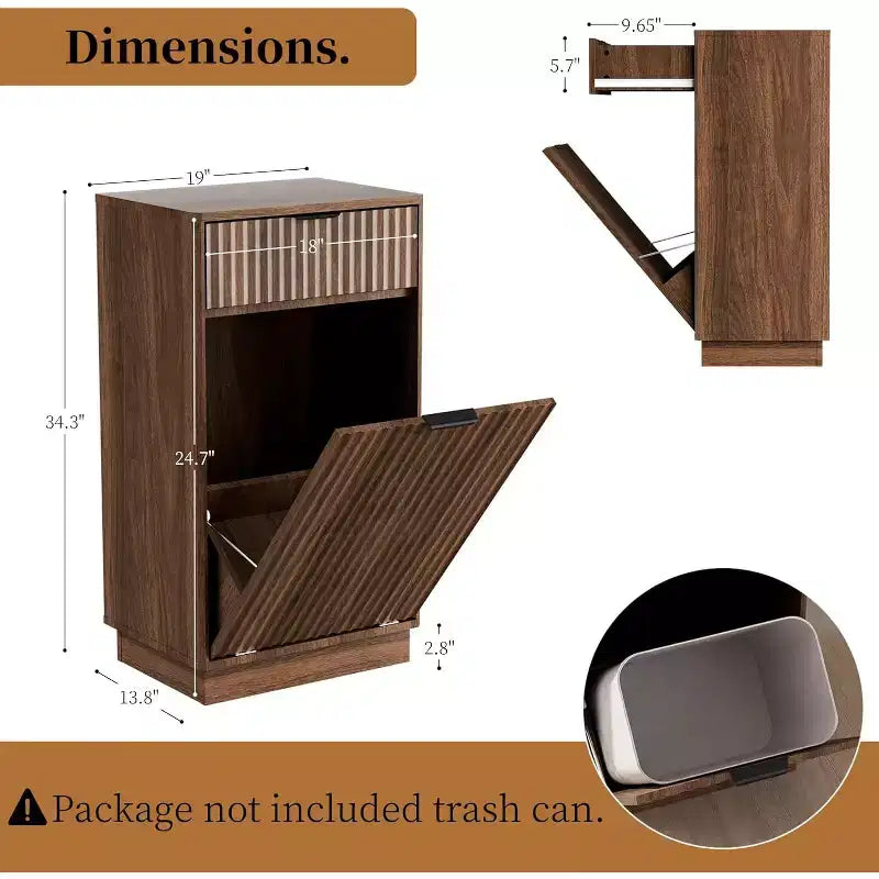 Cestino della Spazzatura Inclinabile da 10 Galloni con Cassetto Texturizzato a Onde, Noce, 34.3"H x 19"W x 13.8"D