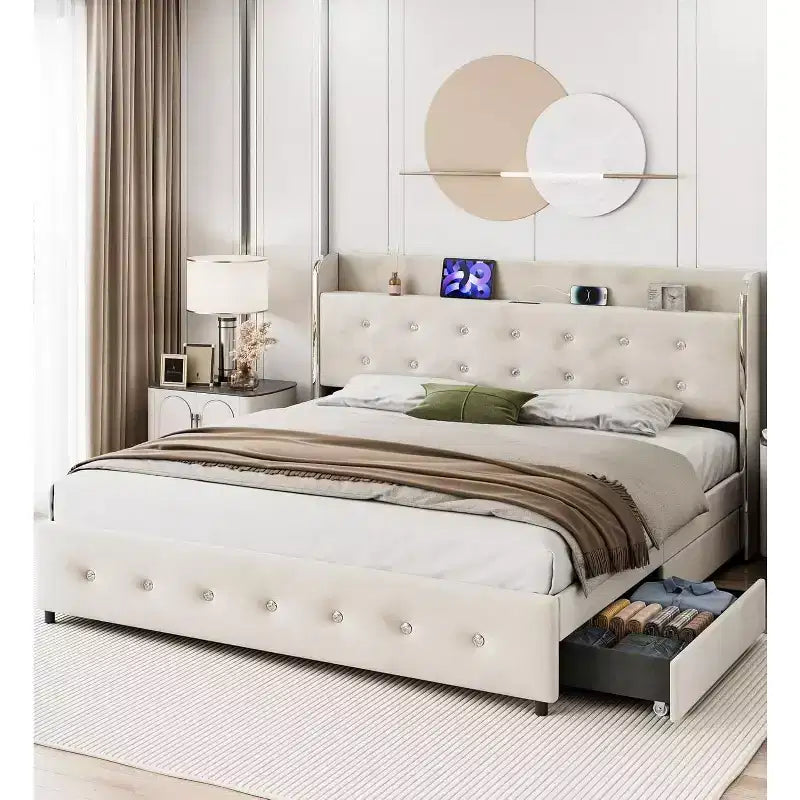 Struttura letto matrimoniale con 4 cassetti contenitore, letto a piattaforma imbottito in velluto beige
