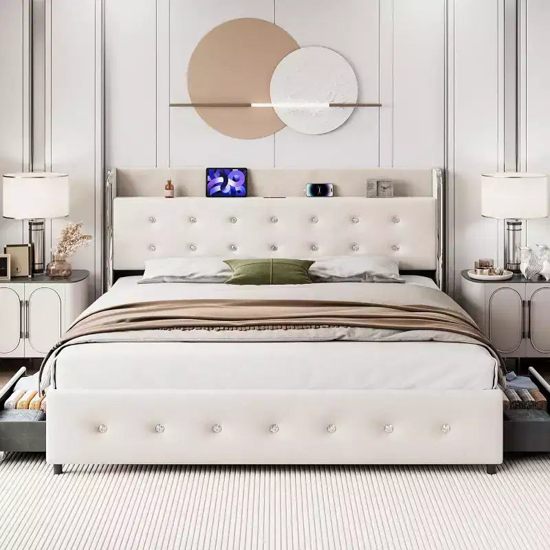 Struttura letto matrimoniale con 4 cassetti contenitore, letto a piattaforma imbottito in velluto beige