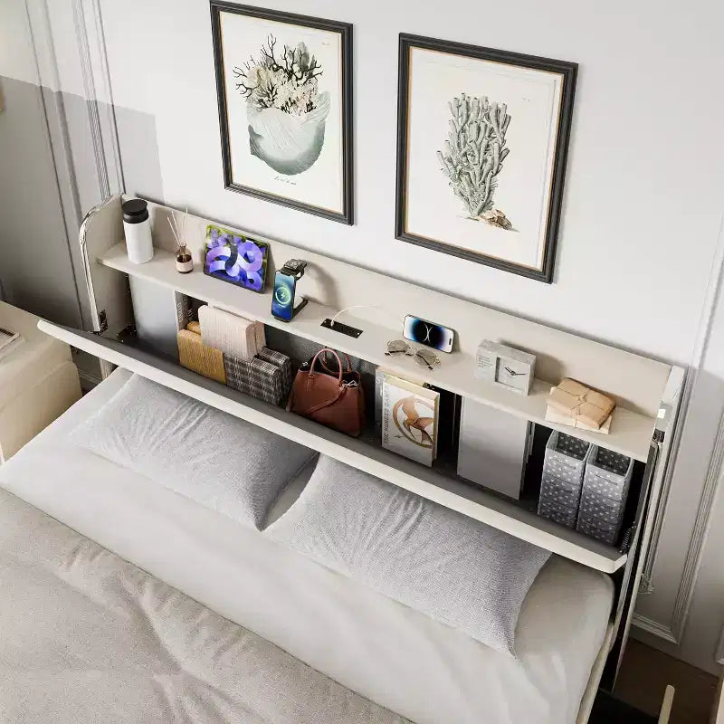 Struttura letto matrimoniale con 4 cassetti contenitore, letto a piattaforma imbottito in velluto beige