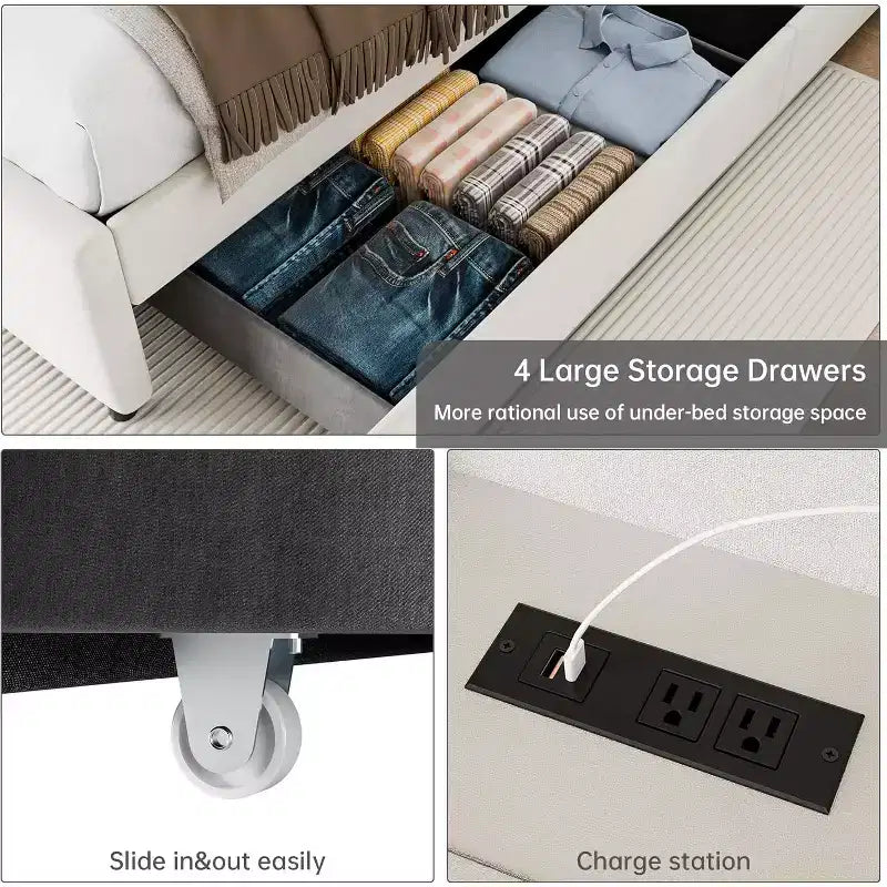 Struttura letto matrimoniale con 4 cassetti contenitore, letto a piattaforma imbottito in velluto beige