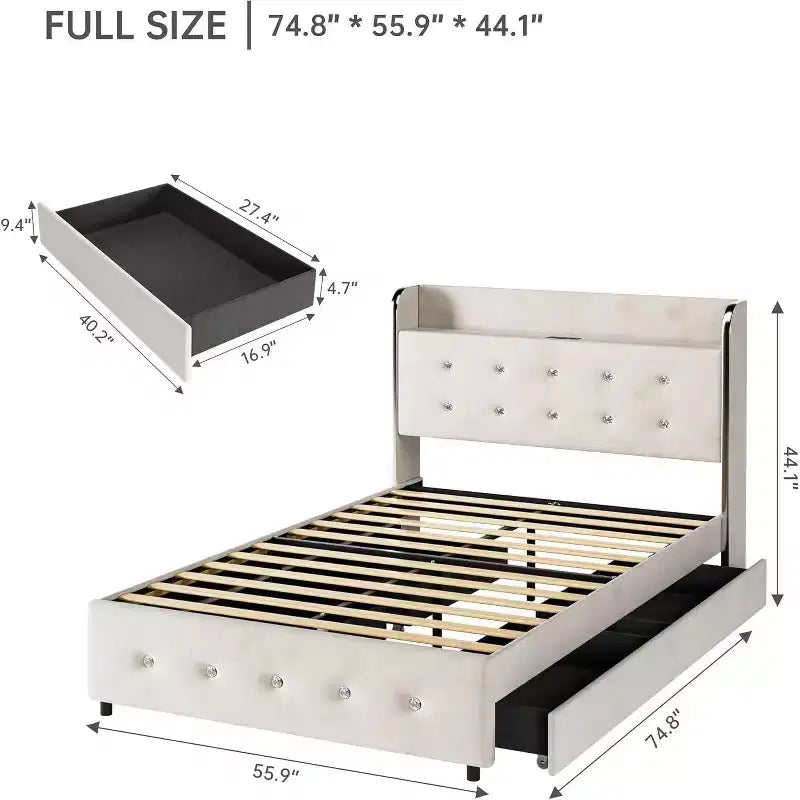 Struttura letto matrimoniale con 4 cassetti contenitore, letto a piattaforma imbottito in velluto beige