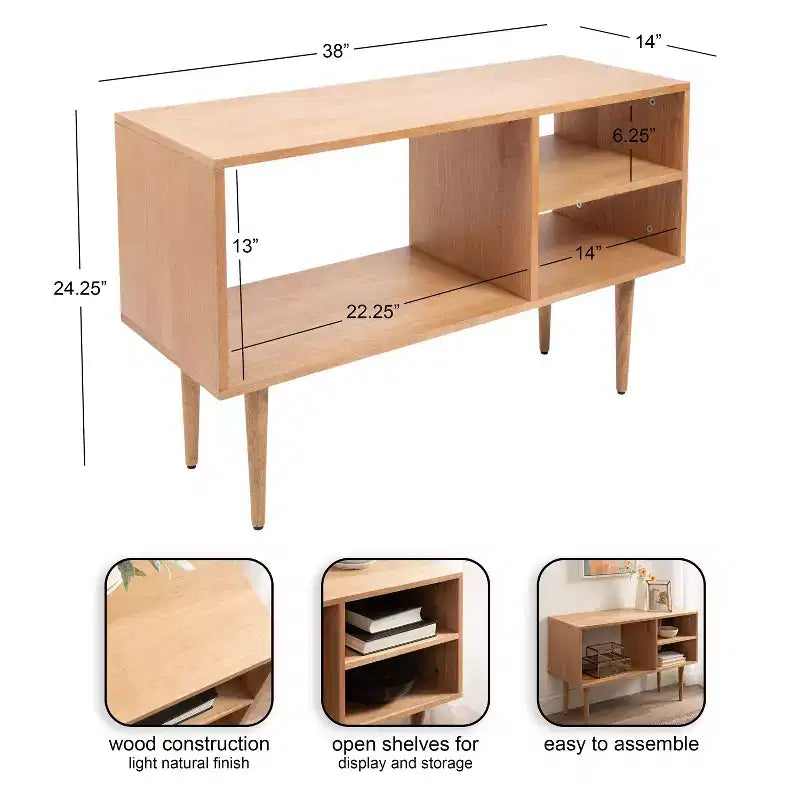 Consolle in legno moderno di metà secolo, 38" L x 14" P x 25" H, naturale