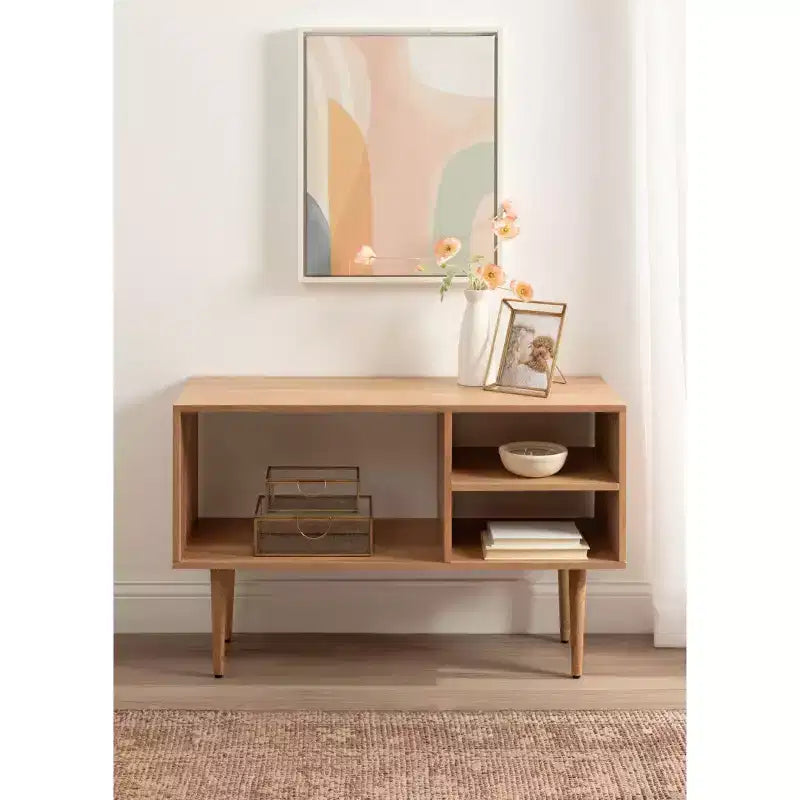 Consolle in legno moderno di metà secolo, 38" L x 14" P x 25" H, naturale