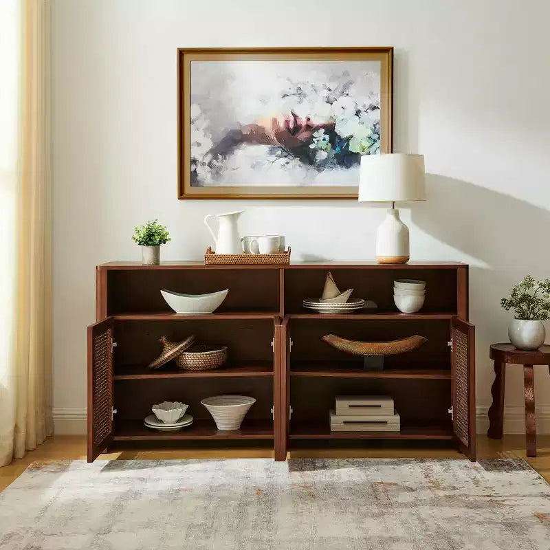 Madia in Rattan Mid-Century Moderna da 63 Pollici con Contenitore, Noce Naturale