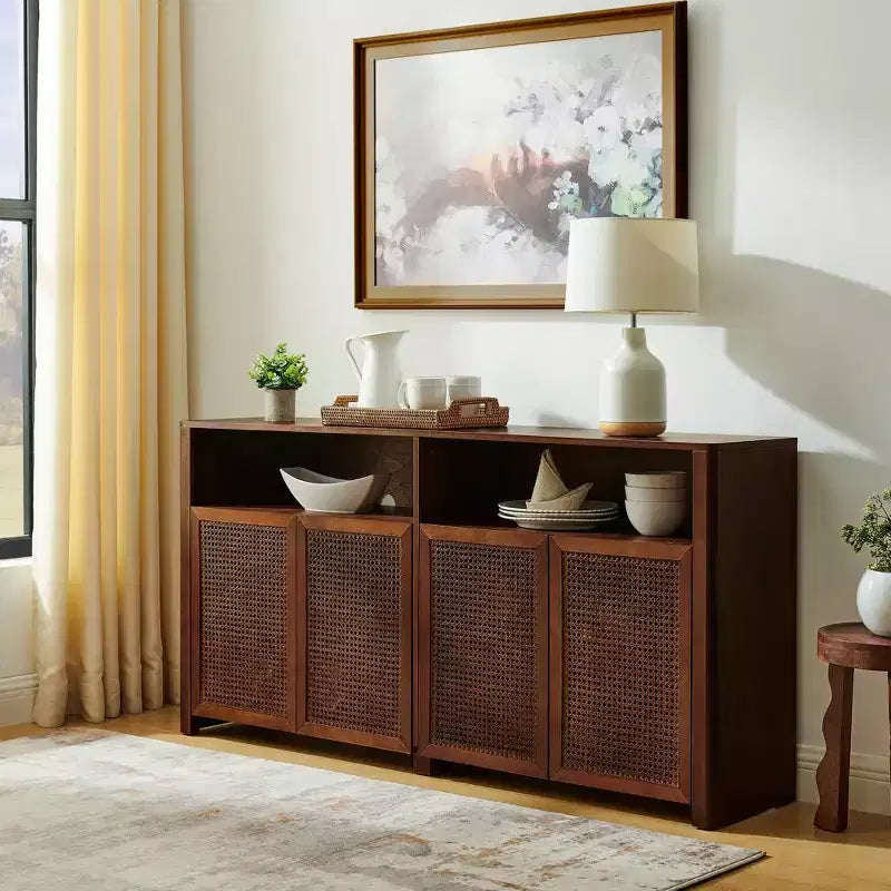 Madia in Rattan Mid-Century Moderna da 63 Pollici con Contenitore, Noce Naturale