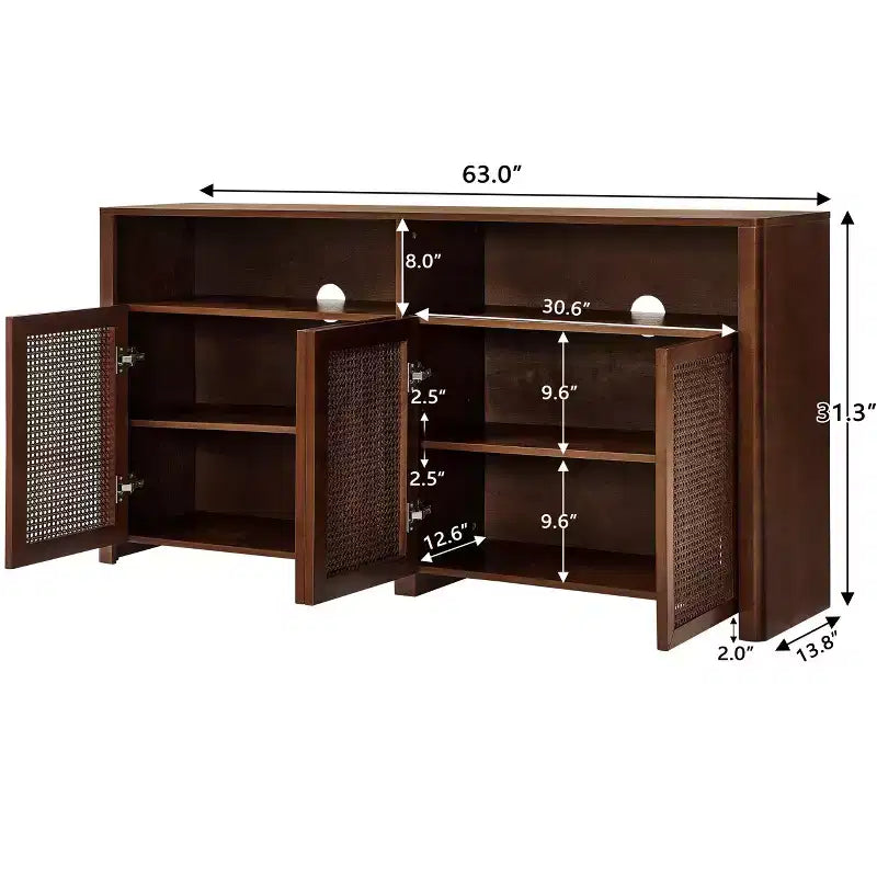 Madia in Rattan Mid-Century Moderna da 63 Pollici con Contenitore, Noce Naturale