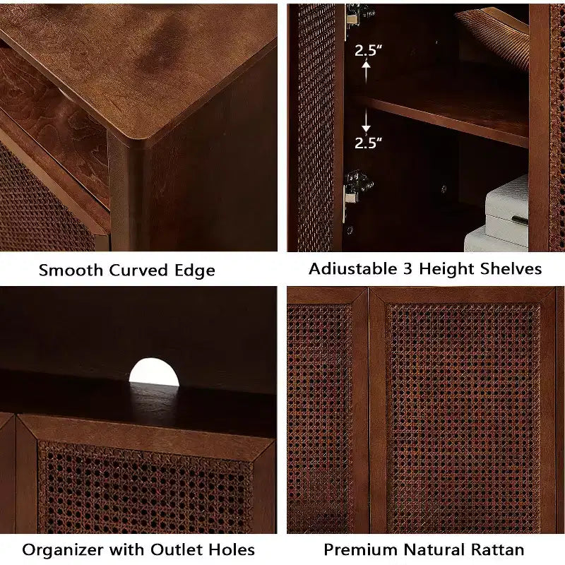 Madia in Rattan Mid-Century Moderna da 63 Pollici con Contenitore, Noce Naturale