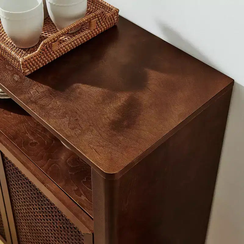 Madia in Rattan Mid-Century Moderna da 63 Pollici con Contenitore, Noce Naturale