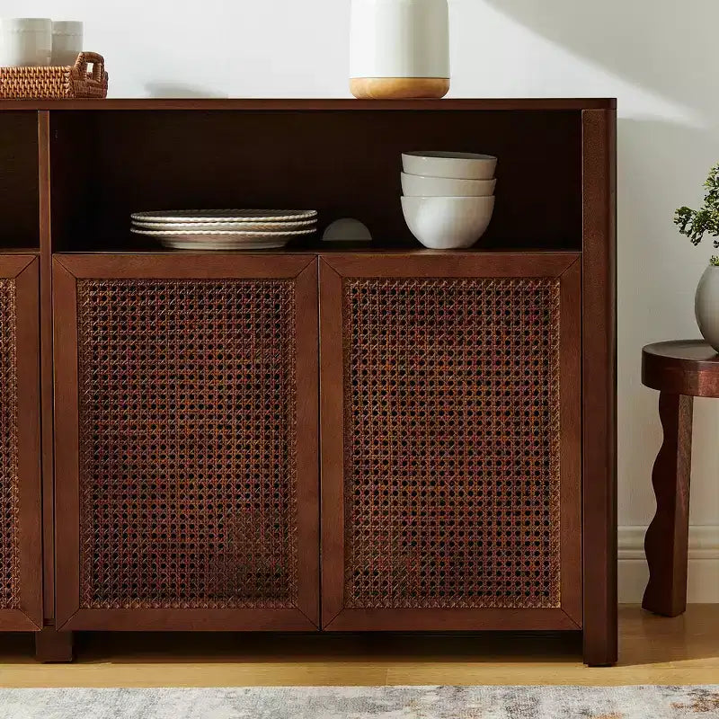 Madia in Rattan Mid-Century Moderna da 63 Pollici con Contenitore, Noce Naturale