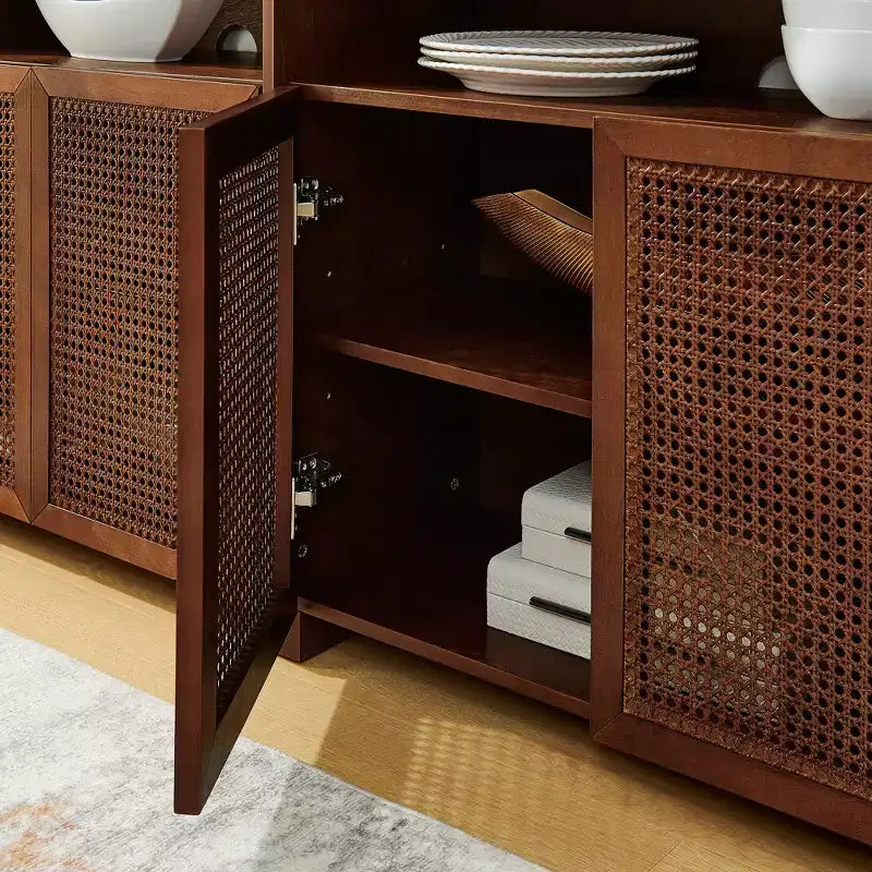 Madia in Rattan Mid-Century Moderna da 63 Pollici con Contenitore, Noce Naturale