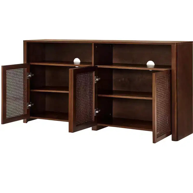 Madia in Rattan Mid-Century Moderna da 63 Pollici con Contenitore, Noce Naturale