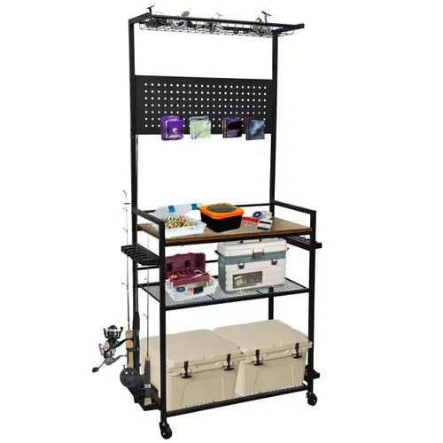 Fishing Rod Holders for Garage, 3-Tier Fishing Pole Rack Holds 12 Rods with Hooks & Pegboard, Gear Storage Organizer for Tackle Box Storage
