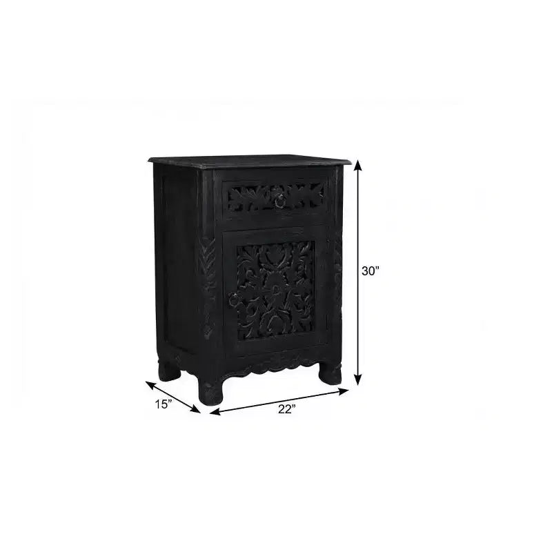 Comodino da 76 cm nero in legno massello con un cassetto