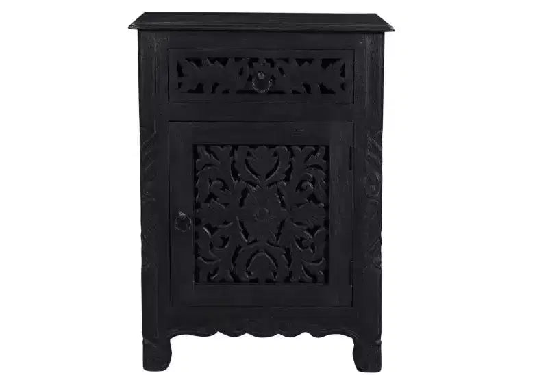 Comodino da 76 cm nero in legno massello con un cassetto