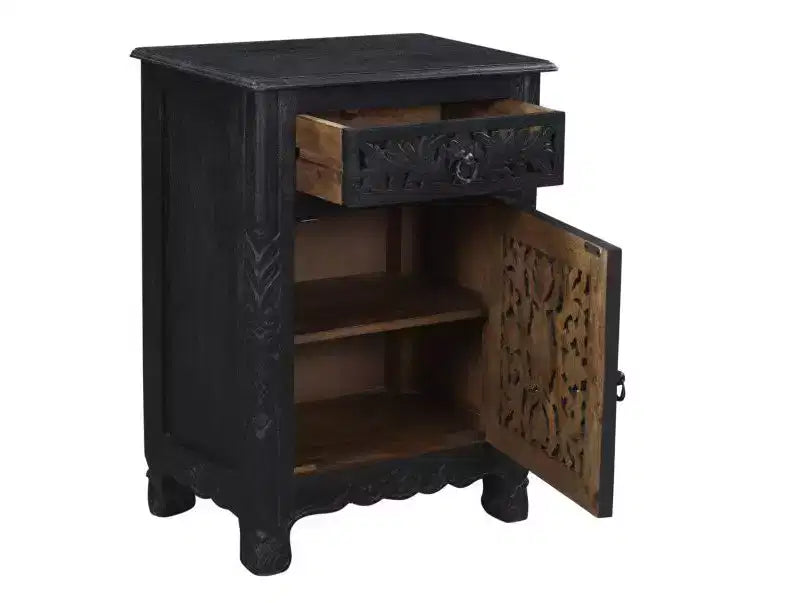 Comodino da 76 cm nero in legno massello con un cassetto
