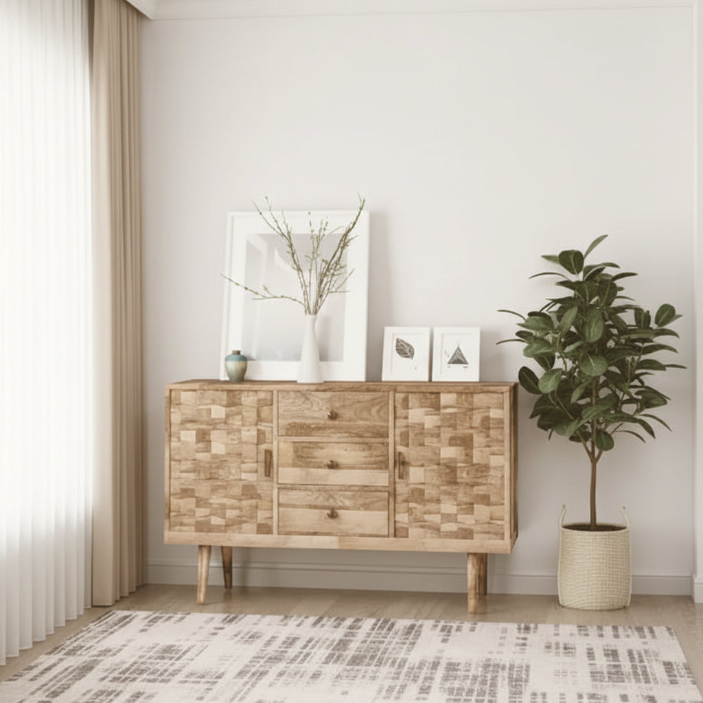 Credenza Mid-Century Moderna con 3 Cassetti e 2 Ante, Legno di Mango Naturale
