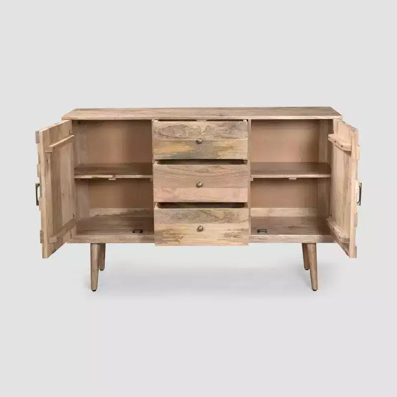 Credenza Mid-Century Moderna con 3 Cassetti e 2 Ante, Legno di Mango Naturale