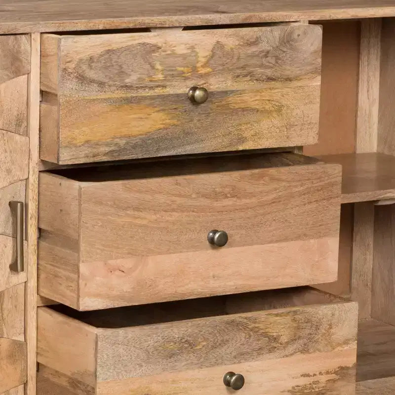 Credenza Mid-Century Moderna con 3 Cassetti e 2 Ante, Legno di Mango Naturale