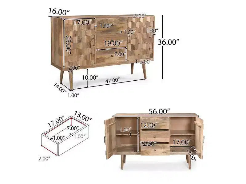 Credenza Mid-Century Moderna con 3 Cassetti e 2 Ante, Legno di Mango Naturale