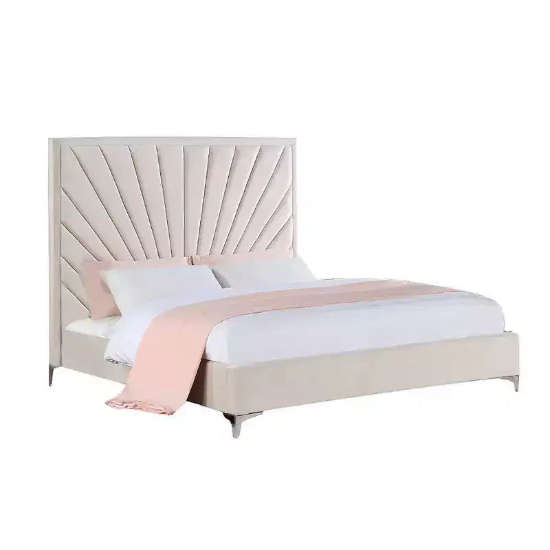 87" Queen Bed Faiz Bed Beige Velvet - Acme Furniture: Sunburst Channel-Tufted, Metal Feet, No Box Spring Needed