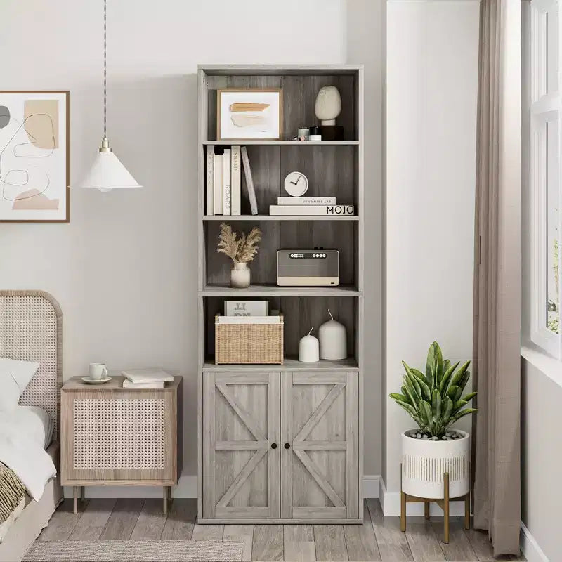 Libreria Industriale con Ante, Scaffale in Stile Rustico a 6 Ripiani per Camera da Letto, Soggiorno, Ufficio