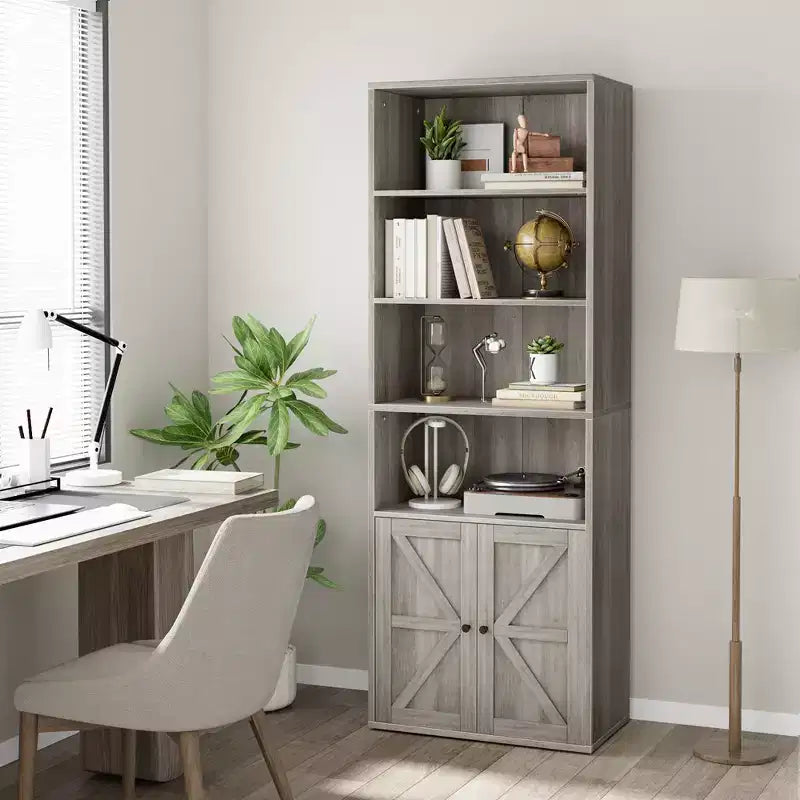 Libreria Industriale con Ante, Scaffale in Stile Rustico a 6 Ripiani per Camera da Letto, Soggiorno, Ufficio