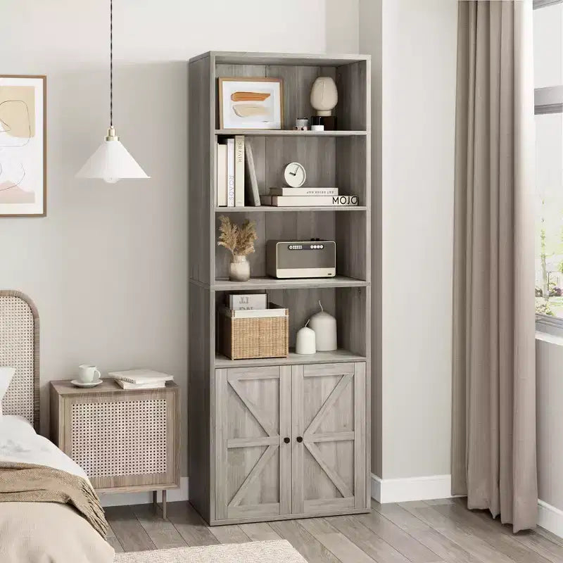 Libreria Industriale con Ante, Scaffale in Stile Rustico a 6 Ripiani per Camera da Letto, Soggiorno, Ufficio
