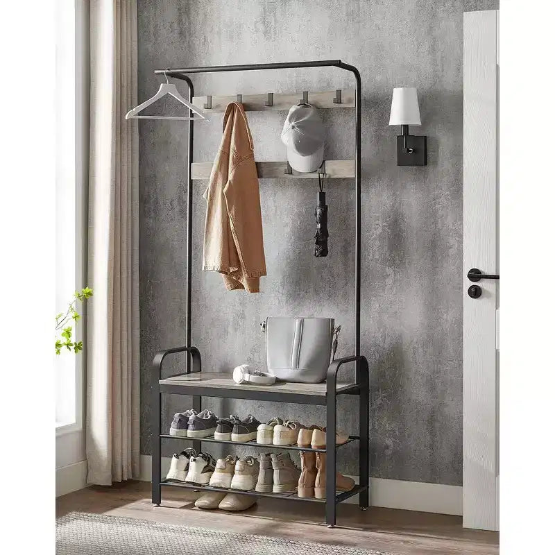 Appendiabiti 4 in 1 da ingresso con scarpiera, 9 ganci rimovibili e asta appendiabiti, 33,8 cm P x 84 cm L x 183,1 cm A