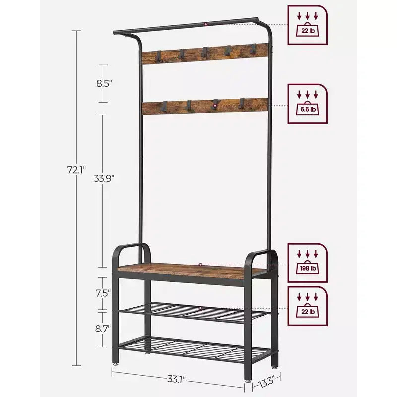 Appendiabiti 4 in 1 da ingresso con scarpiera, 9 ganci rimovibili e asta appendiabiti, 33,8 cm P x 84 cm L x 183,1 cm A